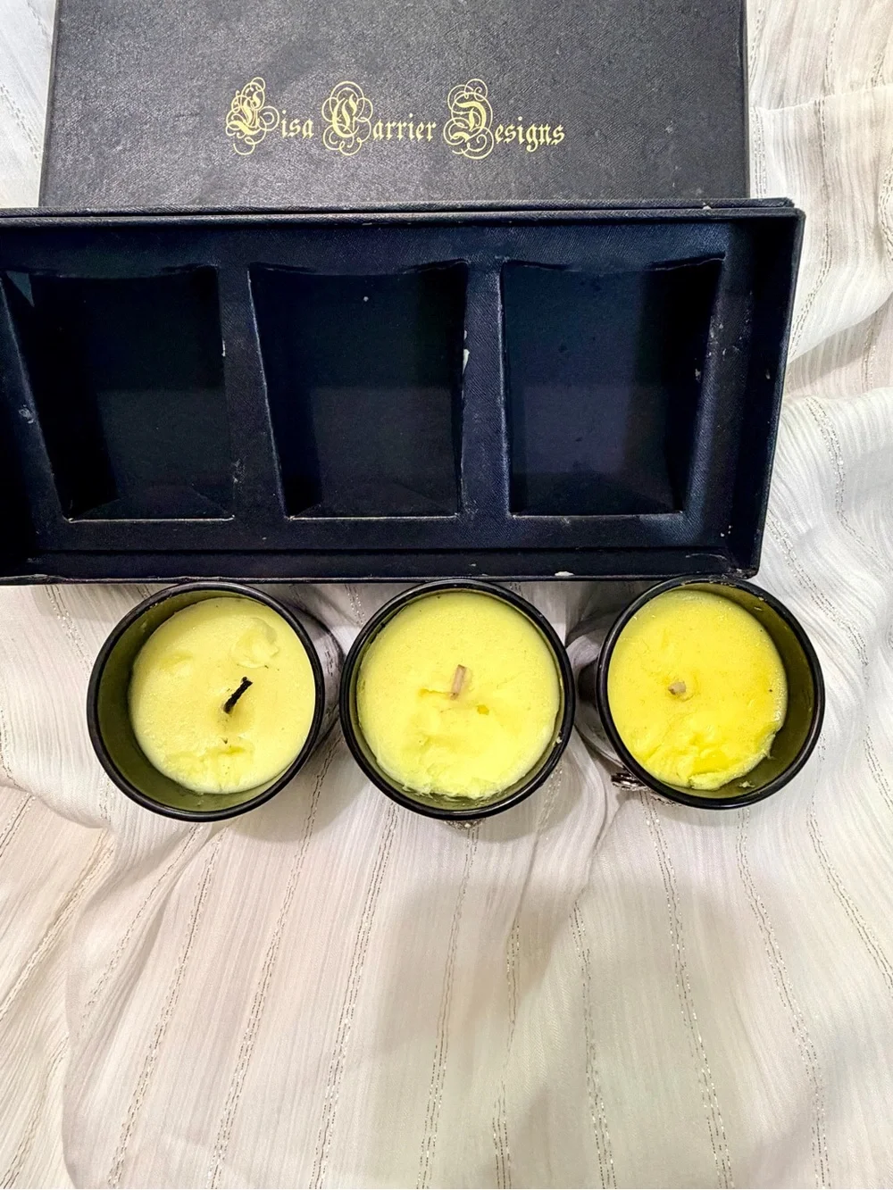 Lisa Carrier Designs Set of 3 Black Glass Votive Candle Holders Rhinestone w/box